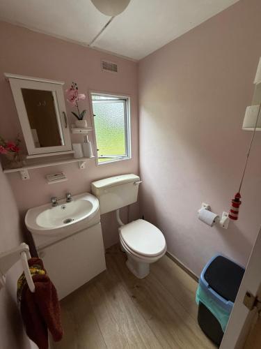 a bathroom with a white toilet and a sink at The Sea Spot in Zvejniekciems