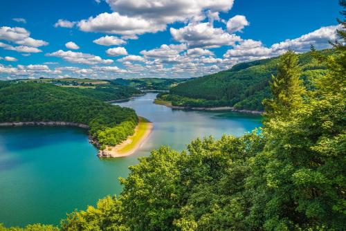 an aerial view of a river with trees and mountains at Hébergement atypique in Esch-sur-Sûre