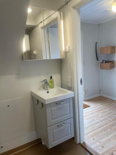 a bathroom with a sink and a mirror at Lissmogården in Leksand