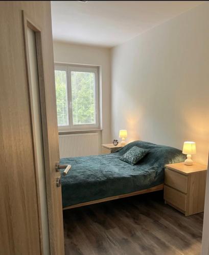 a bedroom with a bed and two night stands and a window at Apartman na konci světa Hřensko in Hřensko