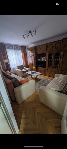 a living room with two couches and a table at apartman Stojković - Banja Ždrelo na 10 min in Petrovac na Mlavi