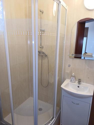 a bathroom with a shower and a sink at Manta Apartamenty in Sianozety