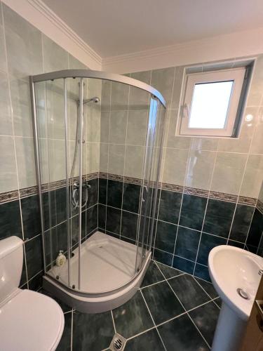 a bathroom with a shower and a toilet and a sink at Casa 18 in Sveti Vlas