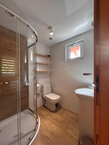a bathroom with a shower and a toilet and a sink at CYKADY domki letniskowe Okuninka in Okuninka