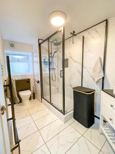 a bathroom with a shower and a toilet at Charming 1-Bed on High St in Longwell Green