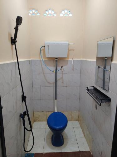 a bathroom with a blue toilet and a camera at Homestay Che Wan Satu in Kuantan