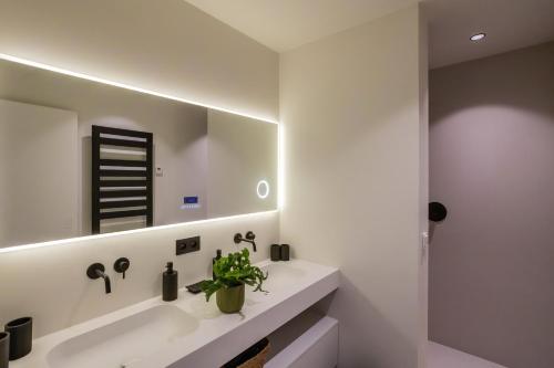 a bathroom with a sink and a mirror at Het Meer in Rotselaar