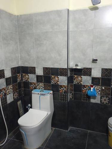 a bathroom with a toilet and a shower at Saimithra Riverview Homestay in Tirunelveli