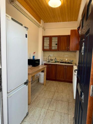 a kitchen with a white refrigerator and a wooden ceiling at Casa Aylin in Corbu