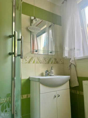 a bathroom with a sink and a mirror at Domček u Ferka in Dedinky