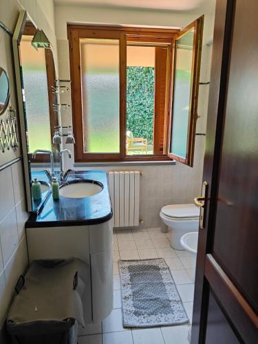 a bathroom with a sink and a mirror and a toilet at Bolgheri 59 in Bolgheri