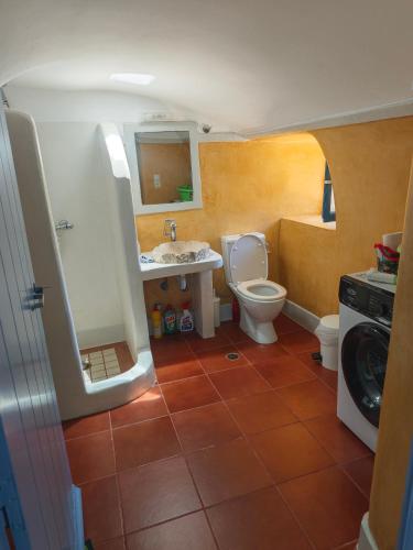 a bathroom with a toilet and a sink and a washing machine at Kastri 2 in Kythira