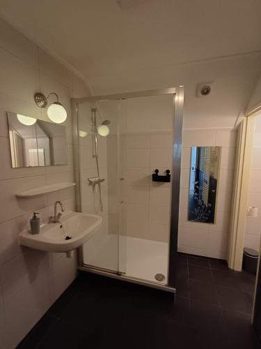 a bathroom with a sink and a shower at B & B it Heech in Ferwerd