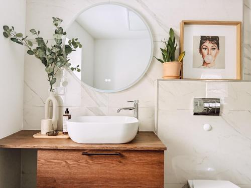 a bathroom with a sink and a mirror at Studio Bachgeflüster in Schattendorf