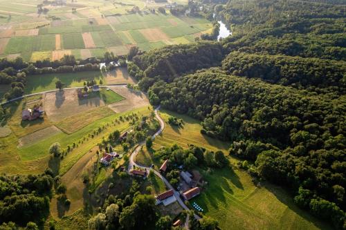 Luftaufnahme eines Feldes mit Bäumen und Häusern in der Unterkunft Aurora Silvae in Ozalj