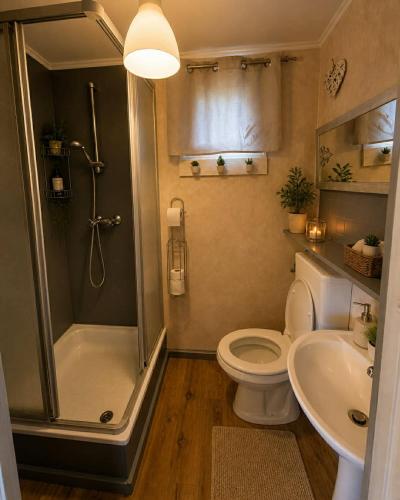 a bathroom with a shower and a toilet and a sink at Domek Panorama in Rymanów-Zdrój