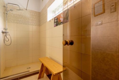 a shower stall with a bench in a bathroom at Willa Beskidek PLUS in Szczyrk