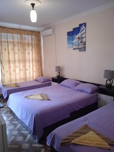 two beds in a room with purple sheets at Shekvetili Babi in Shekhvetili