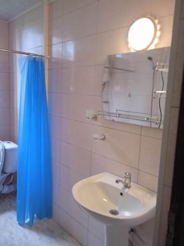 a bathroom with a sink and a blue shower curtain at Shekvetili Babi in Shekhvetili