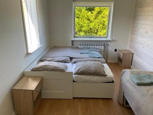 drei Betten in einem Zimmer mit Fenster in der Unterkunft Rødt hus in Givskud