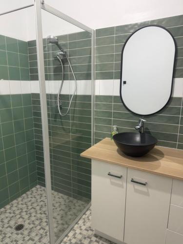 a bathroom with a shower with a sink and a mirror at Como Beach Apartment 2 in Perth
