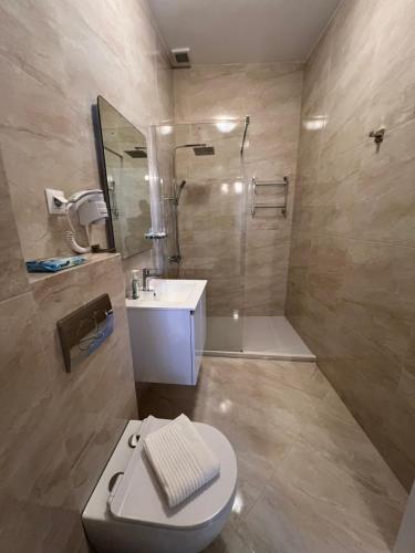 a bathroom with a toilet and a sink and a shower at Orizon Sea View in Vathi