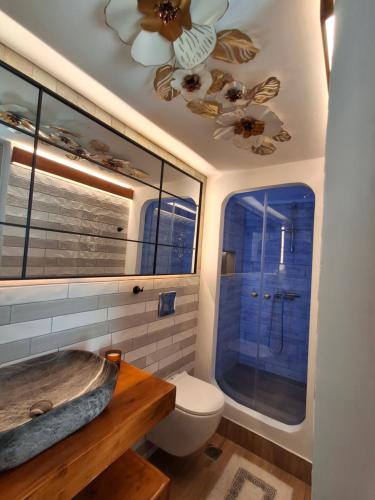a bathroom with a toilet and a shower with a ceiling fan at Luxury Private Suite in Rhodes Town