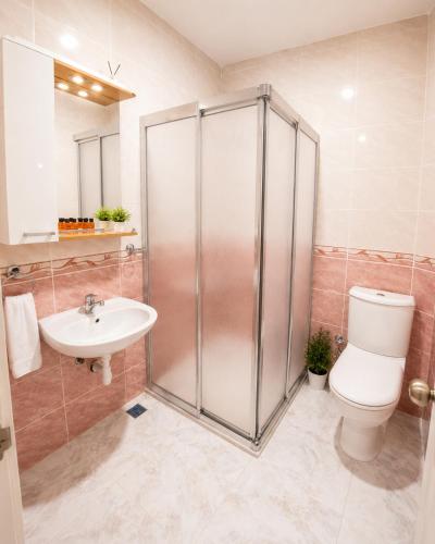 a bathroom with a shower and a toilet and a sink at Anadolu Hotel in Istanbul