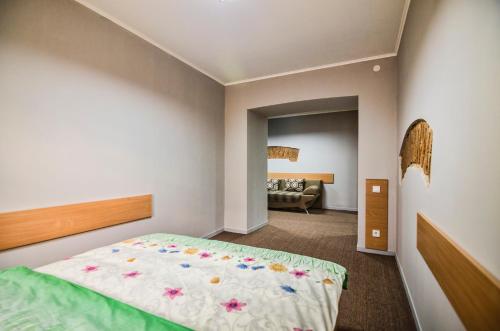 リヴィウにあるApartment on Knyazya Leva 2のベッドルーム1室(ベッド1台付)、リビングルームが備わります。