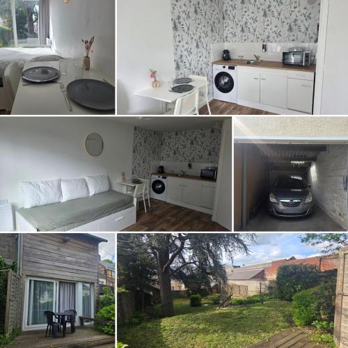 a collage of photos of a kitchen and a bedroom at Côté Jardin in Bolbec