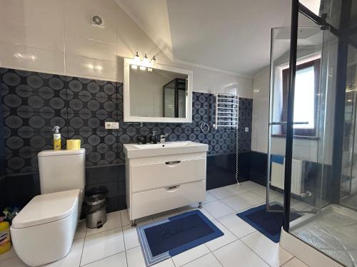 a bathroom with a toilet and a sink and a shower at Villa Life Family Sea House in Zatoka