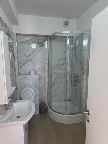 a bathroom with a shower and a toilet and a sink at ANTODO Batista in Novalja