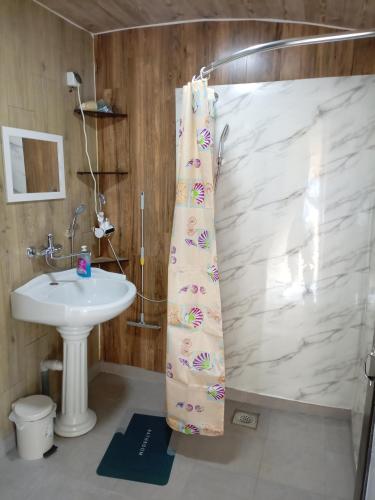 a bathroom with a shower curtain and a sink at Etno Han crvena reka in Bela Palanka