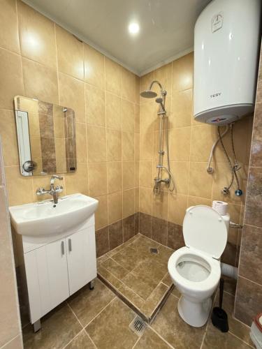 a bathroom with a toilet and a sink at Family Hotel Ludo in Varna City