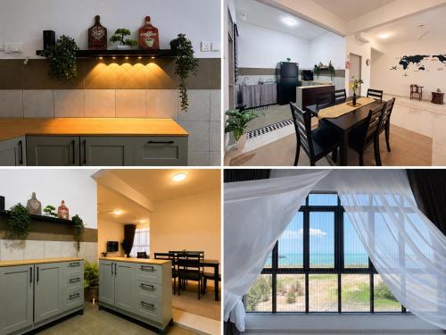 a collage of photos of a kitchen and a dining room at Seabreeze Hideout at Pantai Klebang Netflix I Wifi I Massage Chair I 7 pax in Malacca