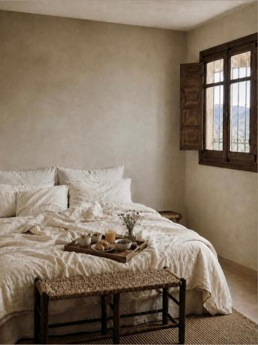a bedroom with a bed with a tray of food on it at Cortijo Sol y Olivo spacious exclusive private pool retreat in Algarinejo