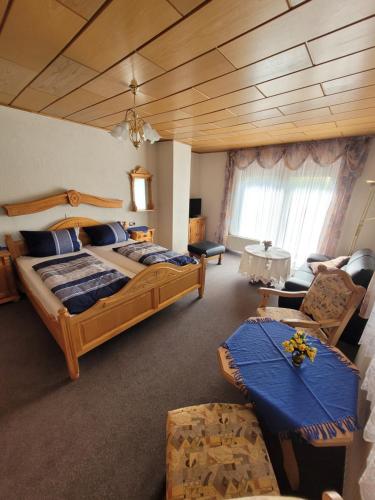a large room with two beds and a couch at Pension Schöne Aussicht in Witzenhausen