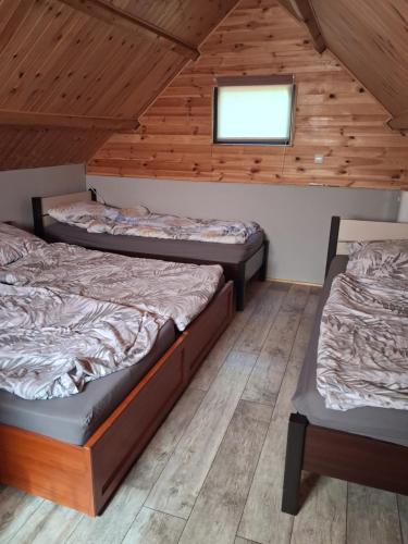 three beds in a room with wooden walls at Domek Letniskowy Ewa in Turawa