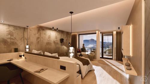 a bedroom with a bed and a desk in a room at Hotel Kronelamm im Schwarzwald in Bad Teinach-Zavelstein