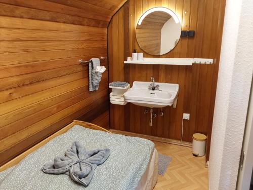 a bathroom with a sink and a mirror and a bed at Eifel Waldhaus in Simmerath