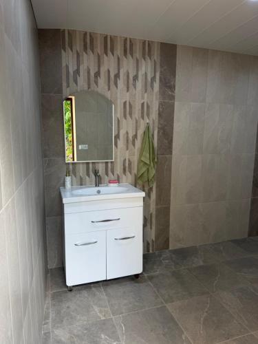 a bathroom with a white sink and a mirror at Blue Garden in Nor Hachyn