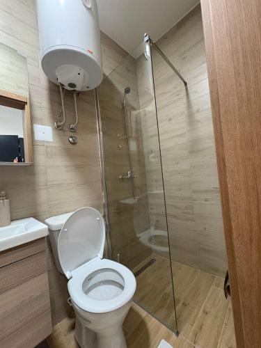 a bathroom with a toilet and a glass shower at Apartman Jakovljević in Gornja Toplica