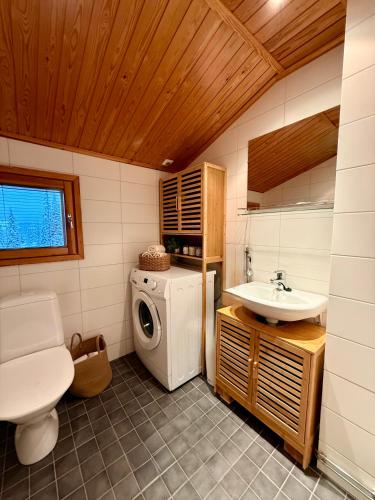 a bathroom with a washing machine and a sink at Silver Lodge in Luosto