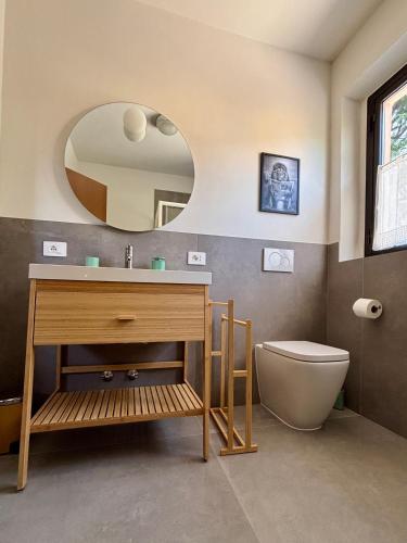 a bathroom with a sink and a toilet and a mirror at Nella Corte - La Casetta in Corte Franca