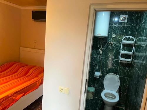a small bathroom with a toilet and a bed at KARTSIVADZe in Ureki