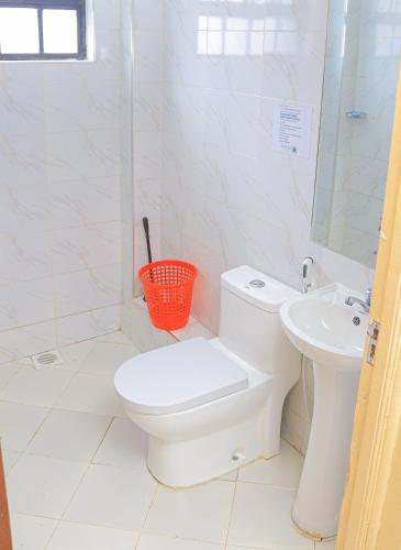 a white bathroom with a toilet and a sink at Countryside Apartment 1 in Kiambu