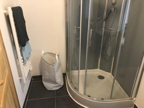 a shower with a glass shower stall in a bathroom at Gite Julie Anne in Ussat