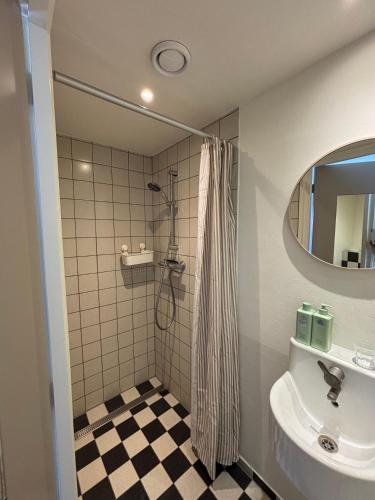 a bathroom with a shower and a sink at Hotel B&B Altijd Wad in West-Terschelling