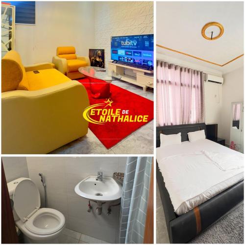 a collage of four pictures of a hotel room at Etoile de Nathalice in Kinshasa