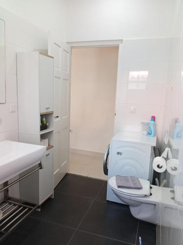 a white bathroom with a toilet and a sink at Caribbean Court E1 in Kralendijk